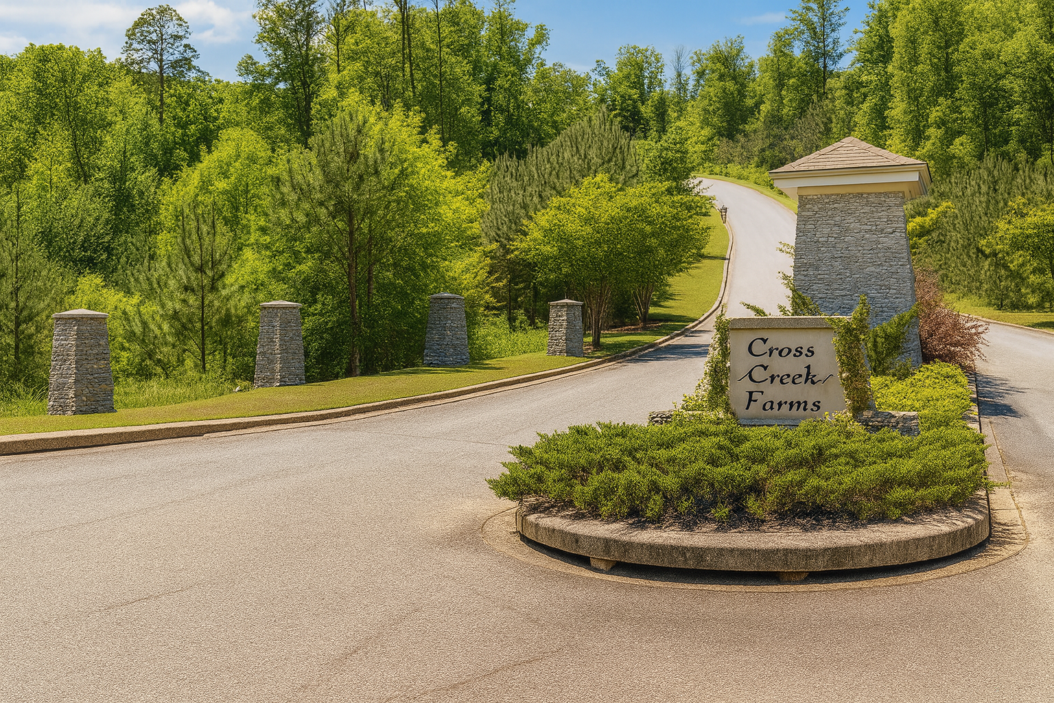 Brick entry sign welcoming visitors to Cross Creek Farms in Odenville, Alabama